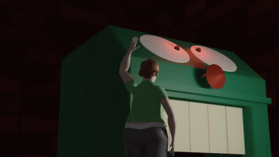 A Woman In A Green Shirt Is Standing In Front Of A Green Building With A Smiley Face On It GIF