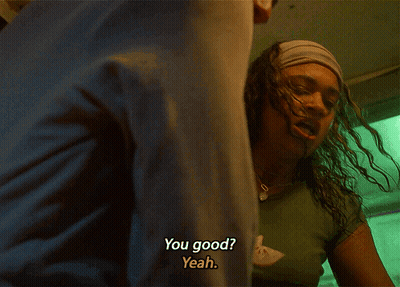 A Woman In A Green Shirt Says " You Good " GIF