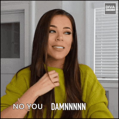 A Woman In A Green Sweater Says " No You Damnnnn " GIF