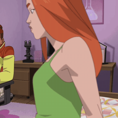 A Woman In A Green Tank Top Is Standing In Front Of A Desk With A Microscope On It GIF