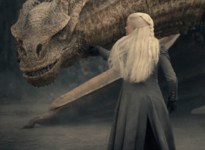 A Woman In A Grey Dress Petting A Dragon GIF