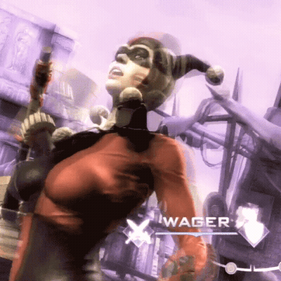 A Woman In A Harley Quinn Costume Is In A Video Game With The Name Wager On The Screen GIF