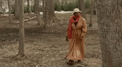 A Woman In A Hat And Coat Is Walking Through A Forest . GIF
