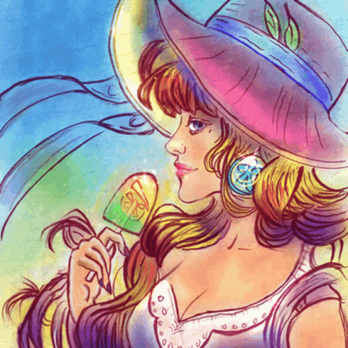 A Woman In A Hat Is Holding A Popsicle GIF