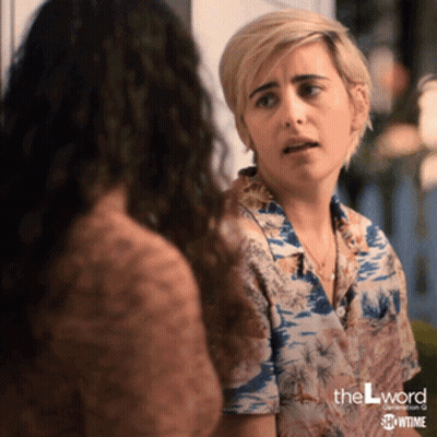 A Woman In A Hawaiian Shirt Is Talking To Another Woman In A Showtime Advertisement GIF