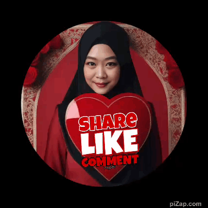 A Woman In A Hijab Is Holding A Red Heart With The Words Share Like Comment On It GIF