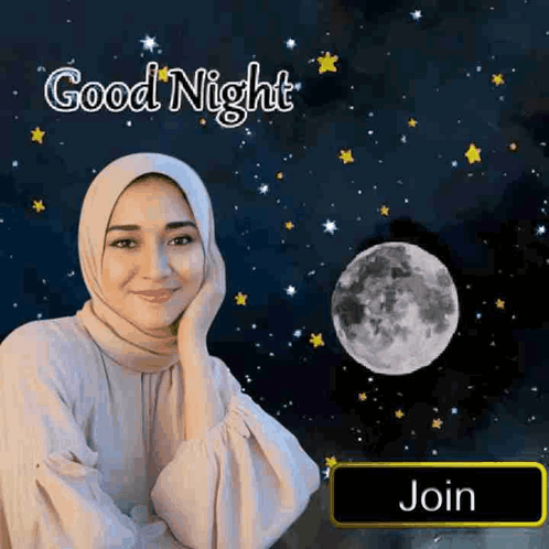 A Woman In A Hijab Is Sitting In Front Of A Full Moon And Stars . GIF