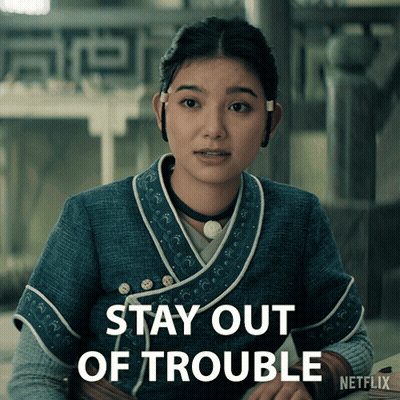 A Woman In A Kimono Says " Stay Out Of Trouble " On A Netflix Poster GIF
