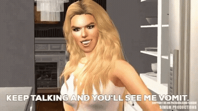 A Woman In A Kitchen With The Words Keep Talking And You 'Ll See Me Vomit GIF