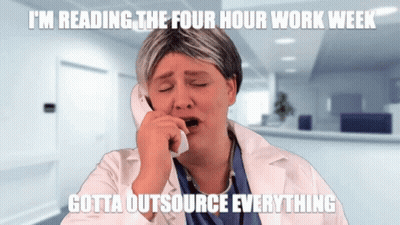 A Woman In A Lab Coat Is Yawning While Talking On A Phone With The Caption I 'M Reading The Four Hour Work Week GIF