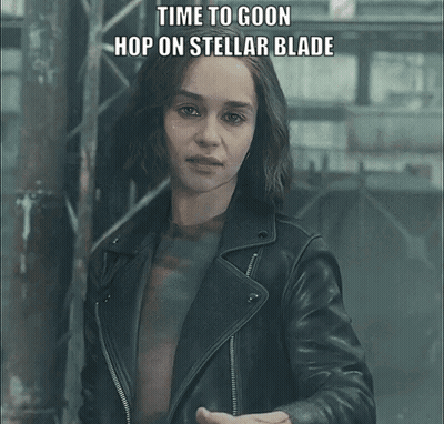 A Woman In A Leather Jacket With The Caption Time To Goon Hop On Stellar Blade Above Her GIF