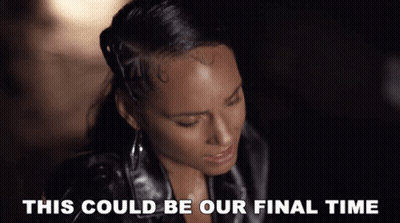 A Woman In A Leather Jacket With The Words This Could Be Our Final Time Behind Her GIF