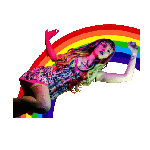 A Woman In A Leopard Print Dress Is Laying Under A Rainbow Sticker