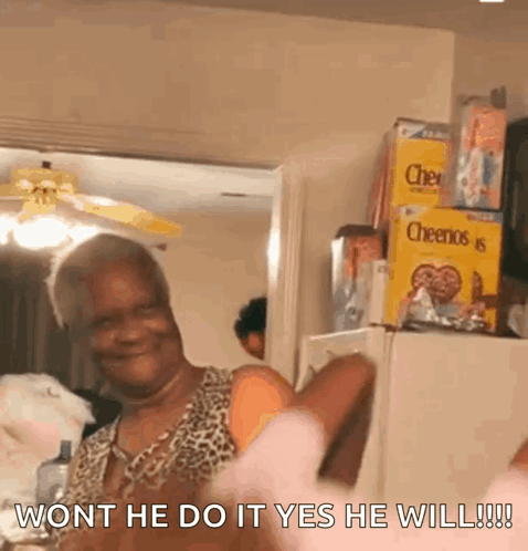 A Woman In A Leopard Print Shirt Says " Wont He Do It Yes He Will !! " GIF