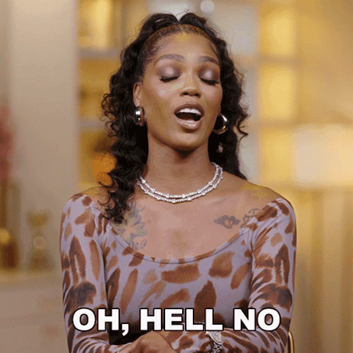 A Woman In A Leopard Print Top Says " Oh Hell No " GIF
