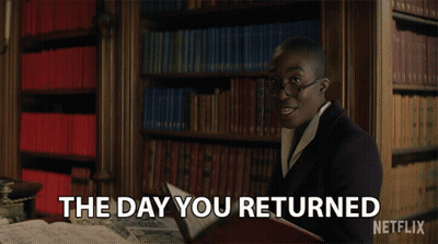 A Woman In A Library With The Words The Day You Returned Written Below Her GIF