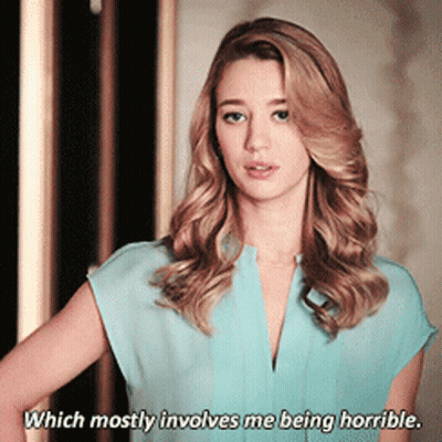 A Woman In A Light Blue Shirt Says Which Mostly Involves Me Being Horrible GIF