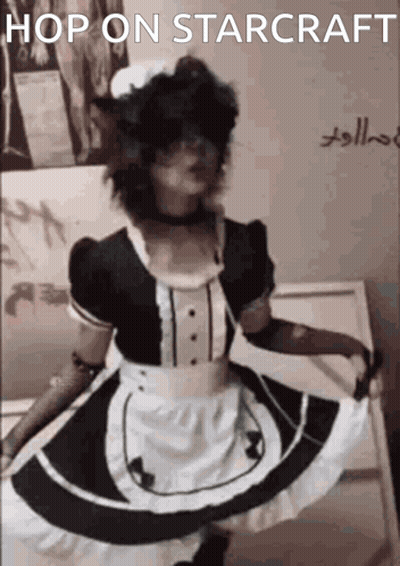A Woman In A Maid Costume Is Dancing With The Words Hop On Starcraft Above Her GIF