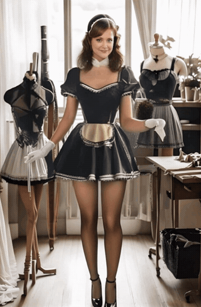 A Woman In A Maid Costume Is Standing In Front Of A Window GIF