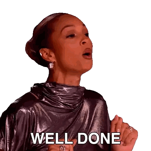 A Woman In A Metallic Dress Says " Well Done " Sticker
