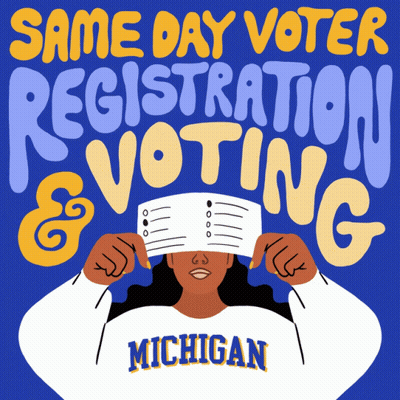 A Woman In A Michigan Shirt Is Holding A Ballot In Front Of Her Face GIF