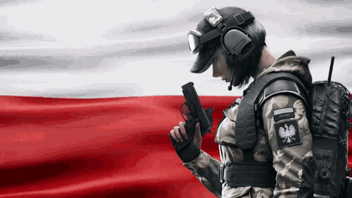 A Woman In A Military Uniform Is Holding A Gun GIF