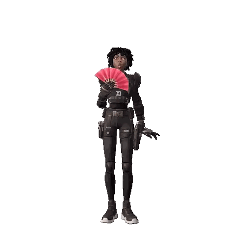 A Woman In A Military Uniform Is Holding A Red Fan And A Gun Sticker