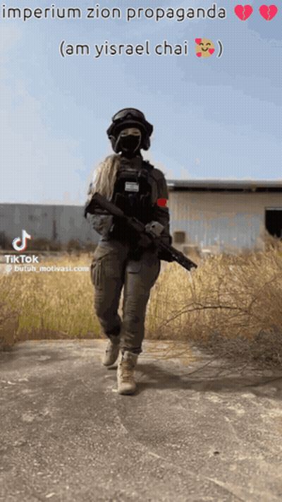 A Woman In A Military Uniform Is Walking With A Gun And The Caption Imperium Zion Propaganda ( Am Yisrael Chai ) GIF