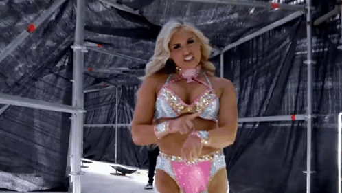 A Woman In A Pink And Silver Wrestling Outfit Is Standing In A Ring . GIF