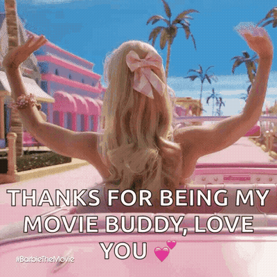 A Woman In A Pink Car With Her Arms Outstretched Says Thanks For Being My Movie Buddy , Love You GIF