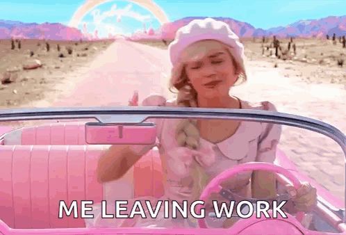A Woman In A Pink Car With The Words Me Leaving Work On The Bottom GIF
