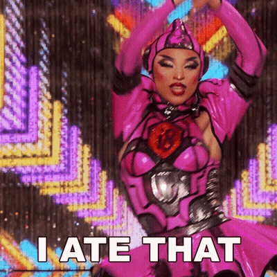 A Woman In A Pink Costume With The Words I Ate That Below Her GIF