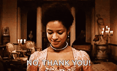 A Woman In A Pink Dress And Pearl Necklace Says No Thank You GIF