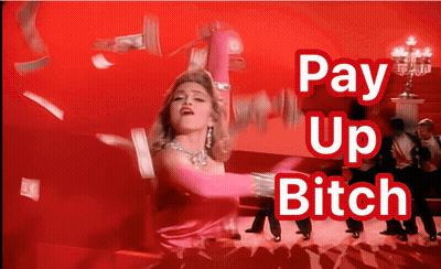 A Woman In A Pink Dress Is Dancing With The Words Pay Up Bitch Below Her GIF