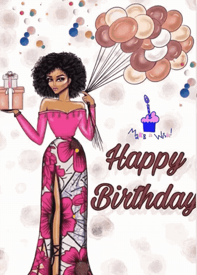 A Woman In A Pink Dress Is Holding Balloons And A Gift Box .. GIF