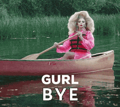 A Woman In A Pink Dress Is Paddling A Canoe With The Words Gurl Bye Written On The Bottom GIF