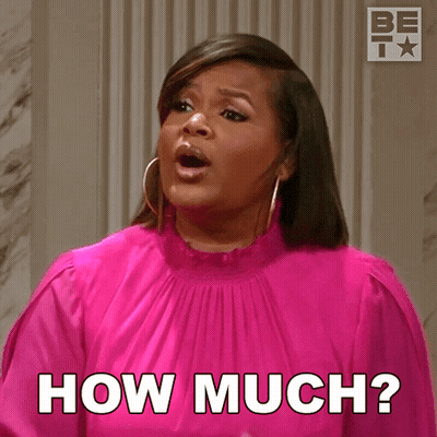 A Woman In A Pink Dress Is Pointing At Something And Says How Much GIF