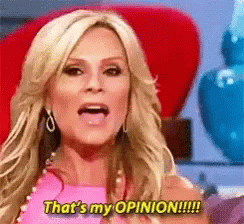 A Woman In A Pink Dress Is Sitting In A Red Chair And Saying `` That 'S My Opinion !!! '' GIF