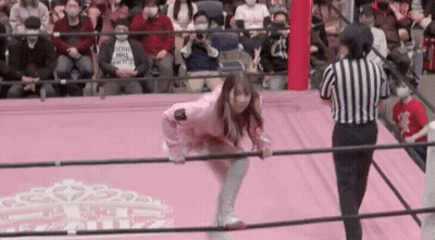 A Woman In A Pink Dress Is Standing In A Wrestling Ring With A Referee . GIF