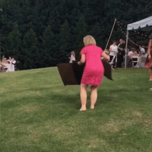 A Woman In A Pink Dress Is Standing On A Lush Green Field Holding A Large Piece Of Wood . GIF