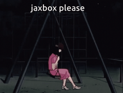 A Woman In A Pink Dress Sits On A Swing With The Text Jaxbox Please GIF