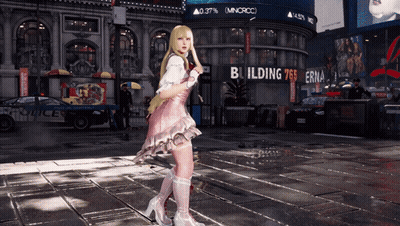A Woman In A Pink Dress Stands In Front Of A Building That Says Building 765 GIF