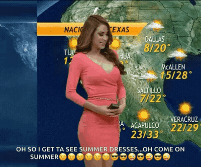 A Woman In A Pink Dress Stands In Front Of A Map Showing The Weather In Texas GIF