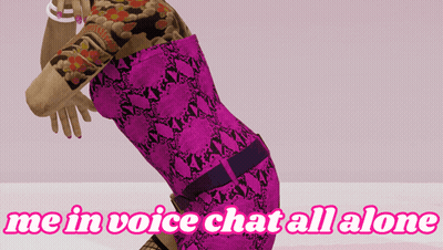 A Woman In A Pink Dress With The Words Me In Voice Chat All Alone Below Her GIF