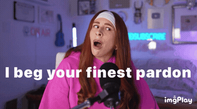 A Woman In A Pink Hoodie Stands In Front Of A Microphone And Says " I Beg Your Finest Pardon " GIF