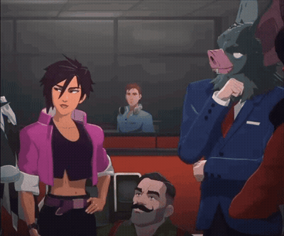 A Woman In A Pink Jacket Is Standing Next To A Man In A Suit With A Pig Mask On His Head GIF