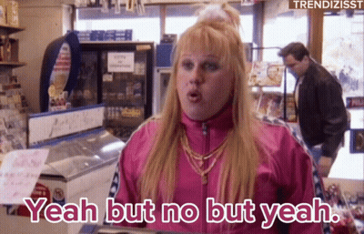 A Woman In A Pink Jacket Says " Yeah But No But Yeah " In A Store GIF