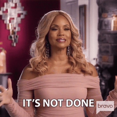 A Woman In A Pink Off The Shoulder Dress Says It 'S Not Done GIF