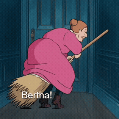 A Woman In A Pink Robe Is Flying On A Broom With The Word Bertha Written On The Bottom GIF