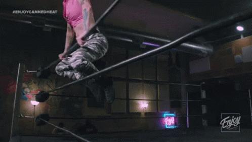 A Woman In A Pink Shirt Is Jumping In A Wrestling Ring With The Words Enjoy Canned Heat Behind Her GIF